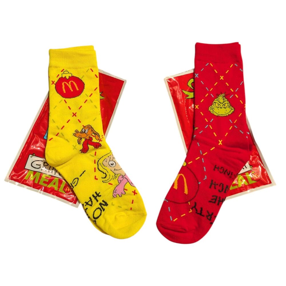 2 Pair Grinch McDonald’s Happy Meal Character Socks Lot Yellow & Red